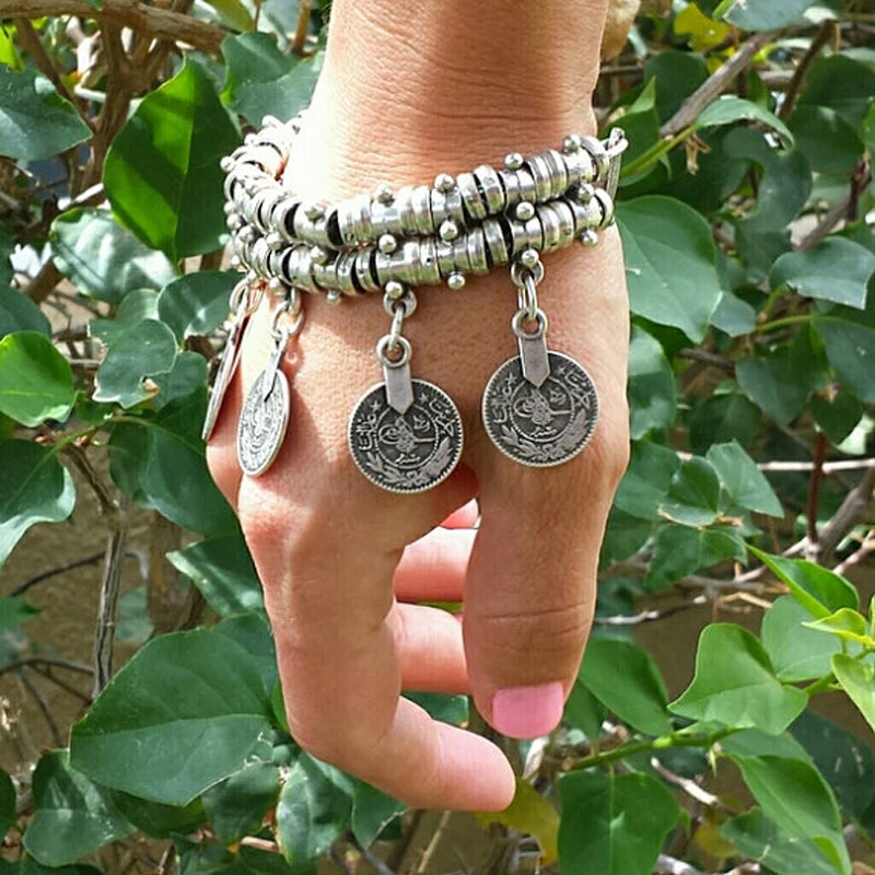 Staring Tahe スクエアワイヤースタンプバングル＋おまけ Vintage Coin Tassle Charm Bracelet For Women Men Gypsy Boho