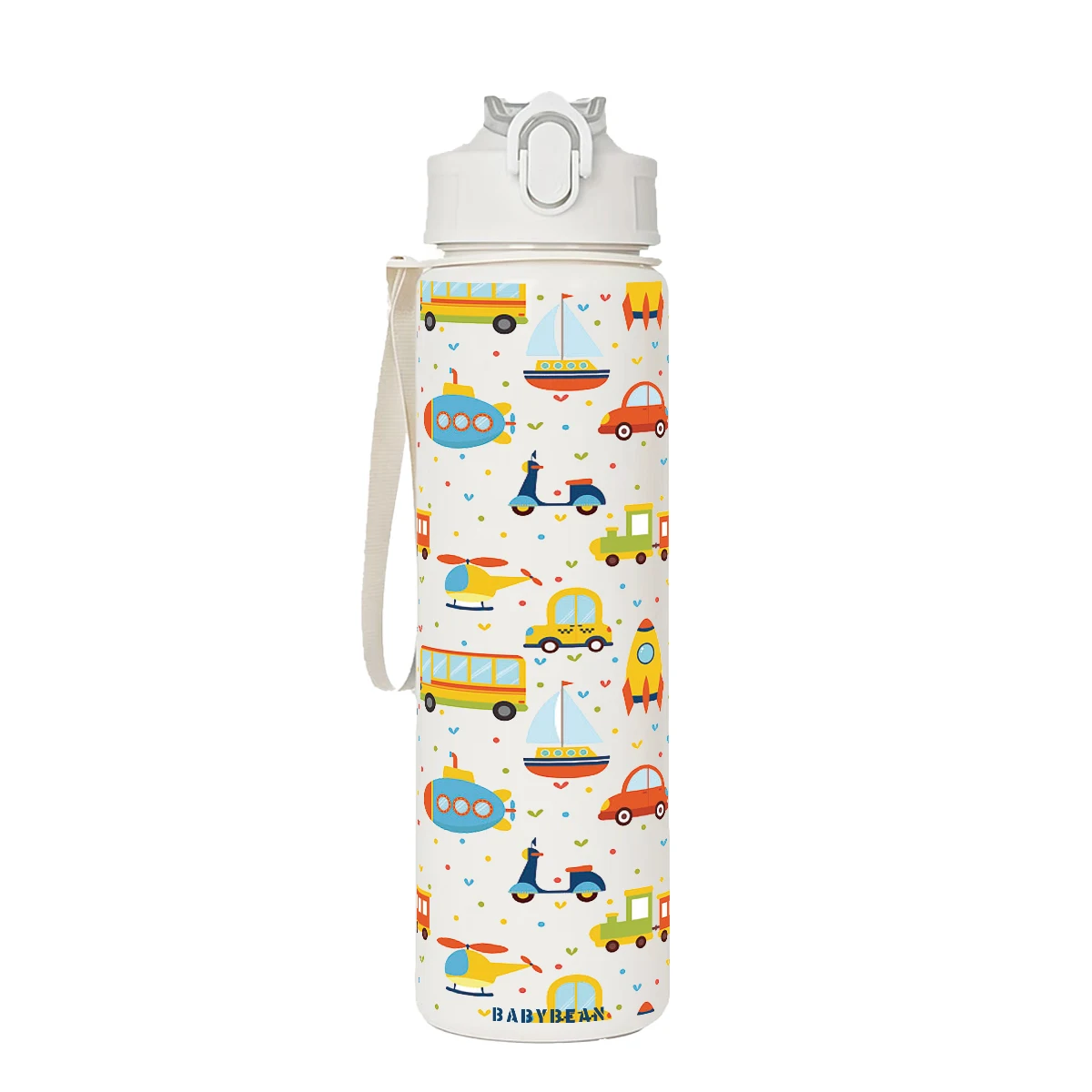 Cartoon Transport Vehicle Print Leakproof Water Bottle with Flip Straw and Lanyard - 750ml