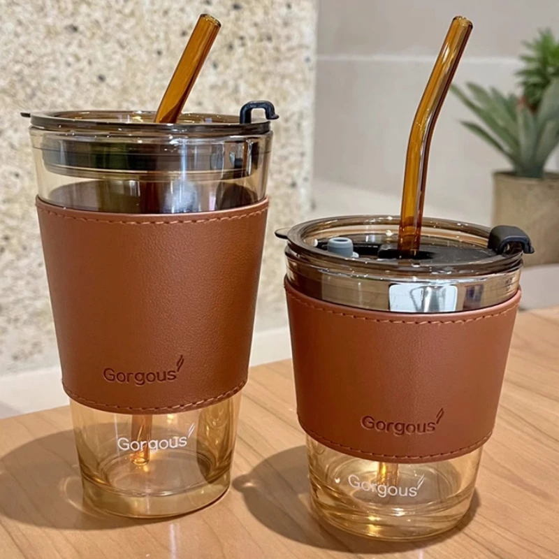 Creative Glass Coffee Cup With Lid Heat Resistant Tea Cups Mug With Straw 450Ml