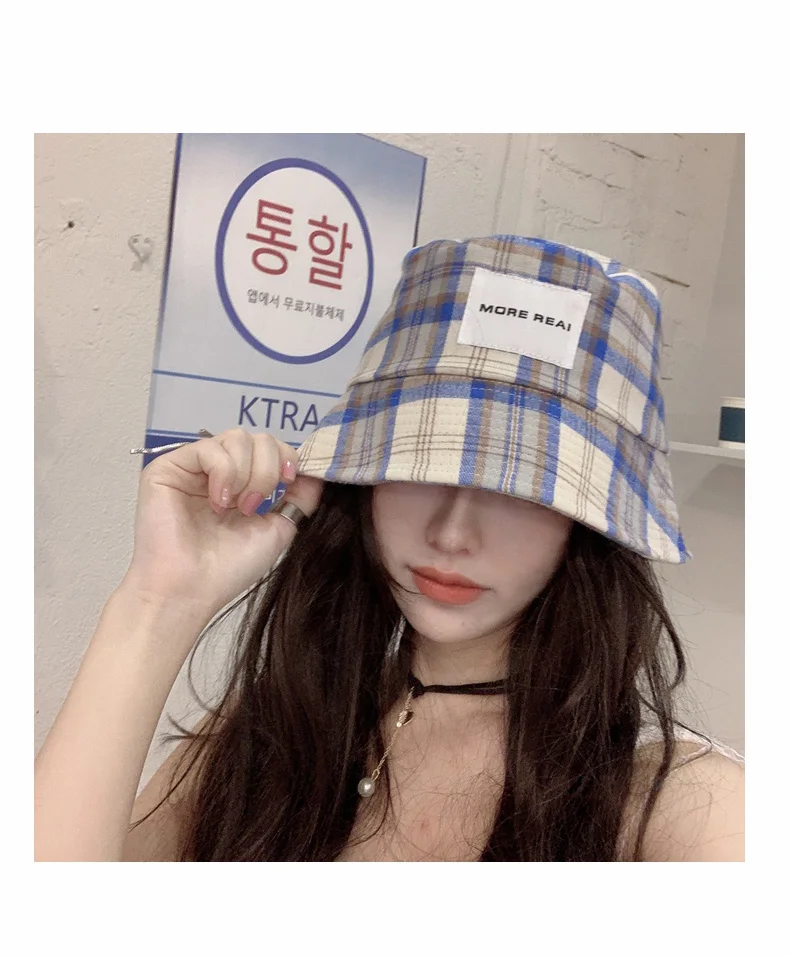 2022 summer sunscreen bucket hat women Japanese new literary check letters fisherman Korean basin hat beach sunshade hat women's bucket hats