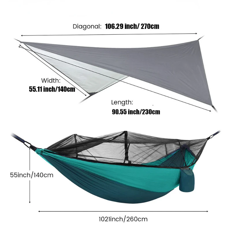 260x140cm Outdoor Double Camping Hammock with Mosquito Net and Rain Fly Tarp Lightweight Parachute Hammocks for Travel Hiking 2