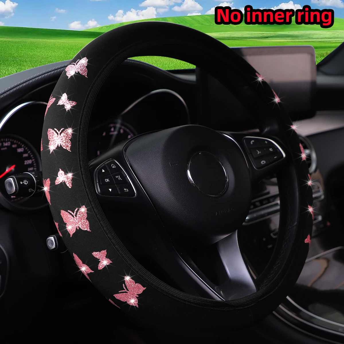 Steering Wheel Cover 1 Glitter Butterfly Blingbling Fabric Waterproof Non-slip Steering Wheel Cover Fits 14.5-15 Inches