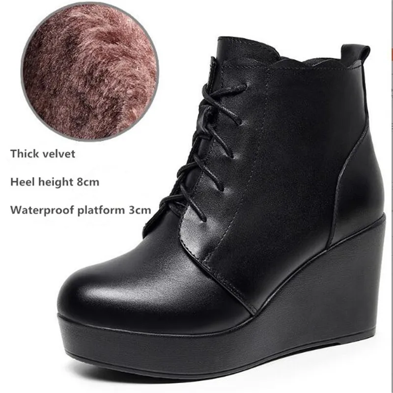Genuine Leather Platform Lace Zipper Ankle Boots Women Fashion Wedge Shoes Winter Women High Heels Warm Women Snow Boots