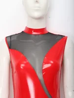Women's Wet Look Patent Leather Bodysuit Sleeveless Mesh Slim Fit Glossy Leotard Teddies Lingerie Clubwear for Party Nightclub