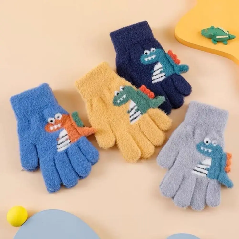 Children Knitted Gloves 4-9 Years Boy Girl Kids Winter Hand Warmer Thicken Woolen Five Finger Gloves Baby Mittens Cute Dinosaur