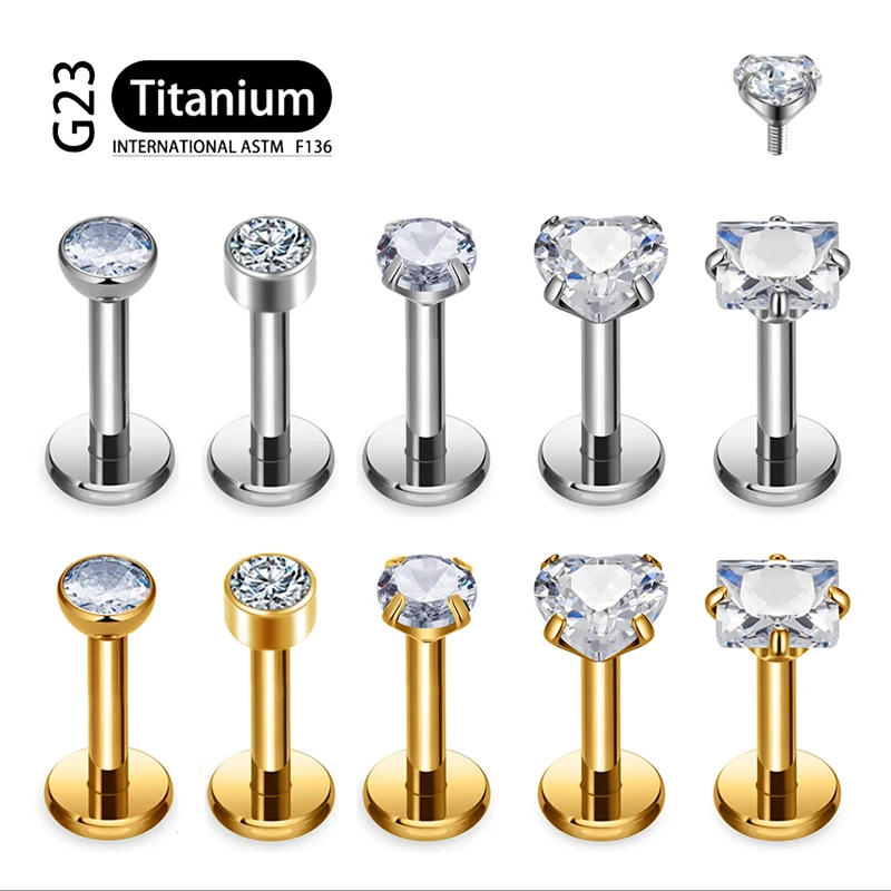 Heart CZ Labret Stud 16G 2/5Pcs ASTM F136 3/4mm For Tragus Helix Cartilage Conch Flatback Earlobe Piercing Body Jewelry stud earrings,ear accessories