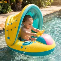 Siège flottant gonflable jaune pour bébé avec pare-soleil et volant pour piscine 3