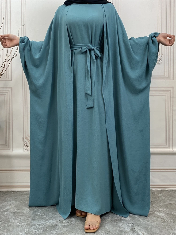 3 Pieces Matching Outfit Muslim Sets Crinkle Crepe Abayas for Women Dubai Turkey Open Abaya Hijab Dress Wrap Skirt African Islam