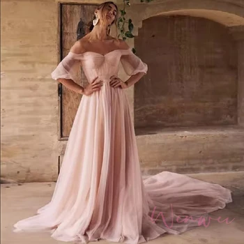 Elegant Sweet Off Shoulder Puffy Sleeve A-line فساتين السهرة  Vestidos De Noche Romantic Pink Wedding After Party Dresses