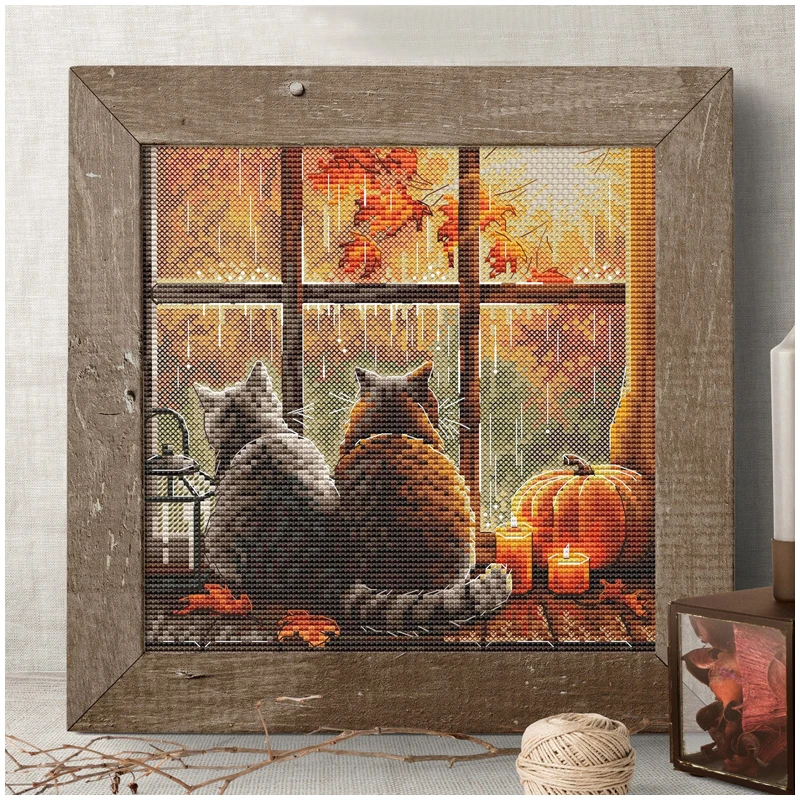 Counted Cross Stitch Kits Embroidered Home Decoration Autumn windowsill Cat Pumpkin Maple Leaves