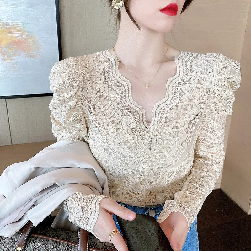 

Black Lace Blouse Women Puff Sleeve Corset Top 2023 Spring Fashion V-neck Long Sleeve Office Work Basic Shirt Korean Clothing