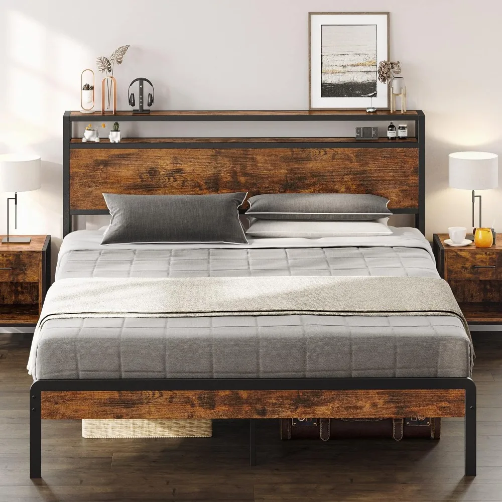 

Platform Bed Frame Full With 2-Tier Storage Headboard and Strong Support Legs Noise-Free Bedroom Furniture More Sturdy Beds Size