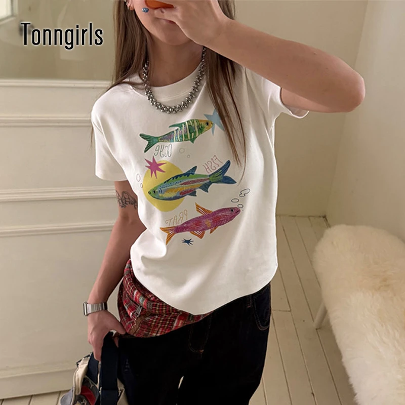 Tonngirls Harajuku Print T-Shirt Damen Koreanischer Stil Kurzarm-T-Shirt Y2k Japanische Vintage-Grafik-Tops Ästhetisches 2000er-T-Shirt