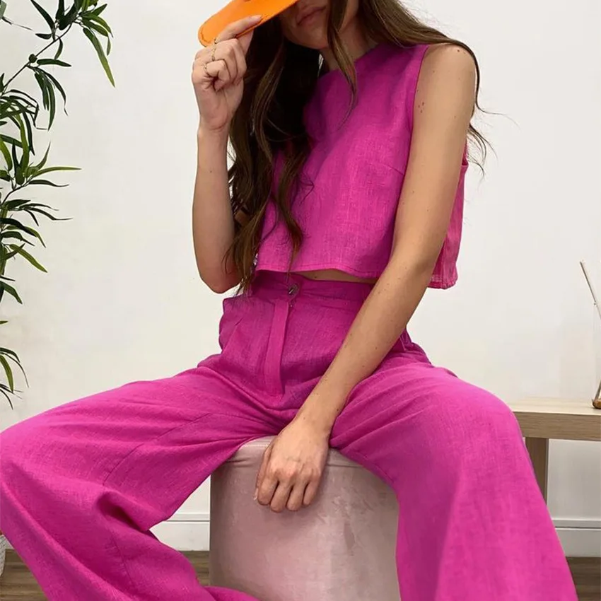 Solid Color Sleeveless Vest Top+Pants Women Set 2023 Summer Fashion Women Two-Piece Comfortable Cotton Linen Loose Fitting Set