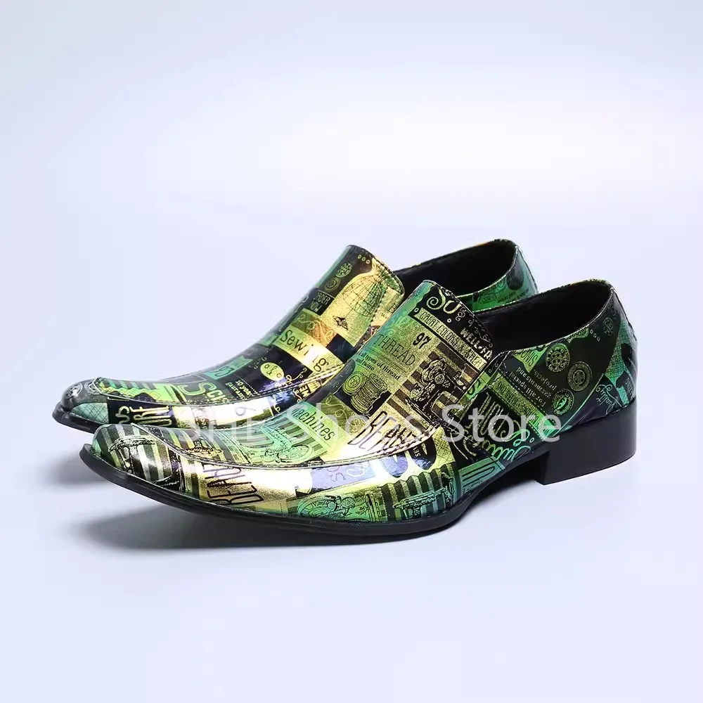 Mixed Color Print Shallow Slip-On Loafers for Men Irregular Pointed Toe Low Heel Oxfords Male Party Dress Genuine Leather Shoes