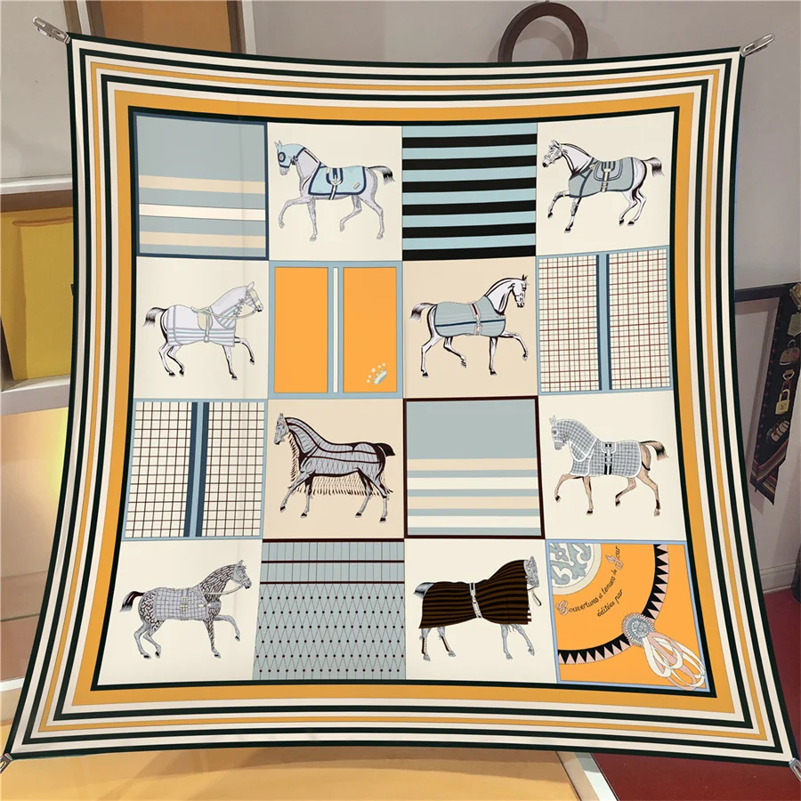 Luxury 90cm Twill Silk Checkered Horse Print Square Scarf Shawl
