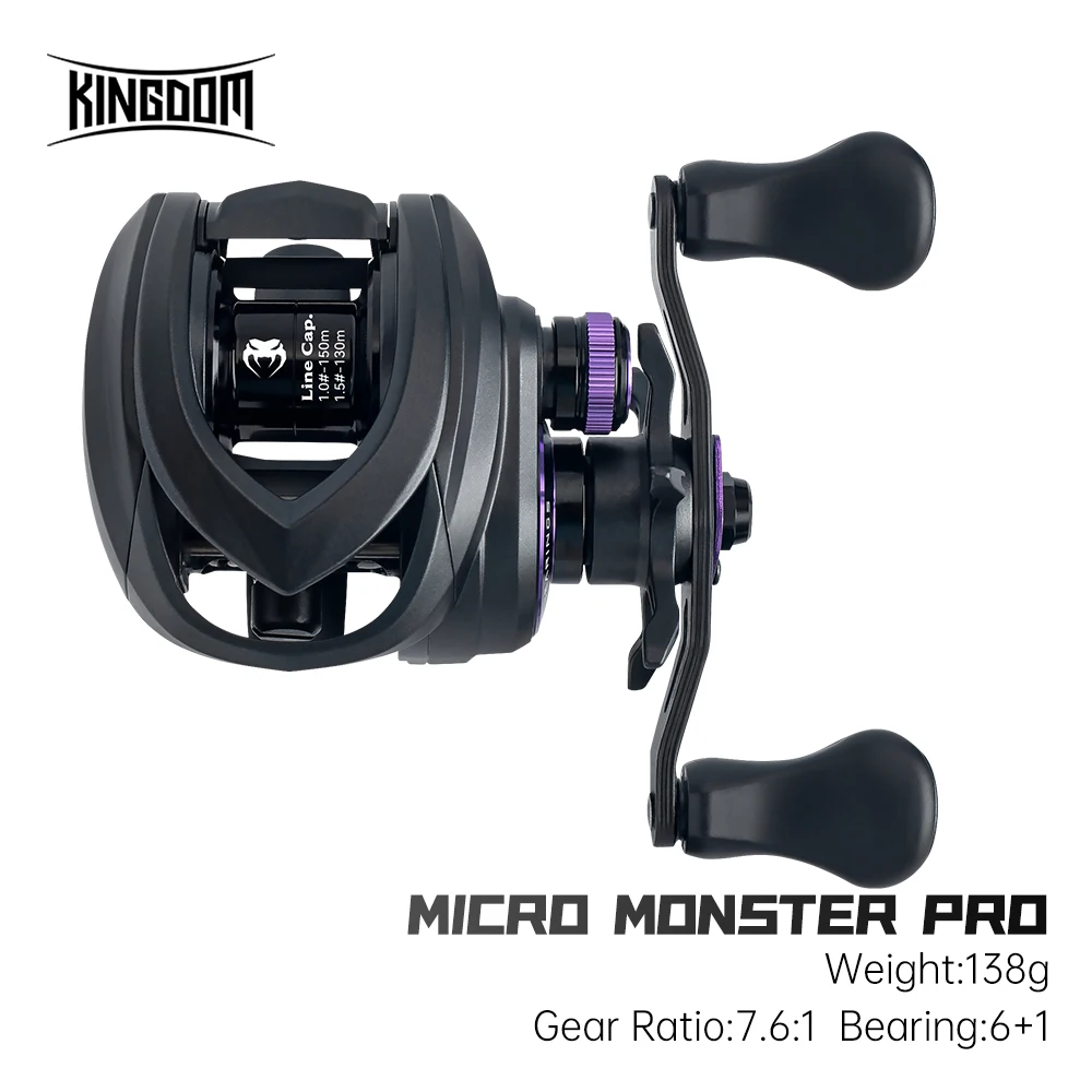 Moulinet baitcasting ultra-léger Kingdom Micro Monster Pro 138g ratio 7.6:1 frein 4.6kg carbone pour pêche précise