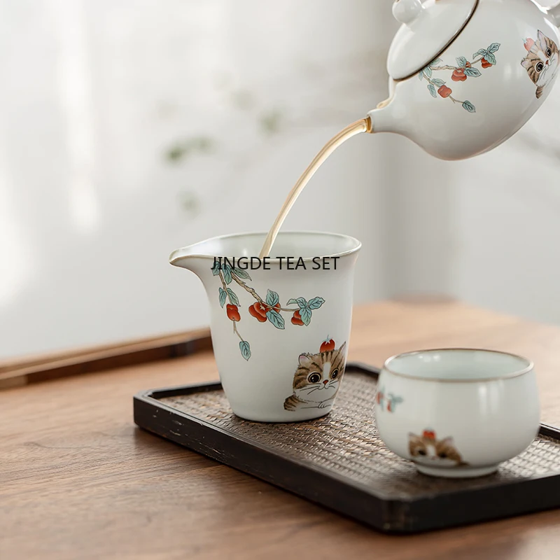 200ml Chinese Ru Kiln Cute Cat Pattern Ceramic Tea Cup Beauty Tea Handmade Kung Fu Tea Set Accessories