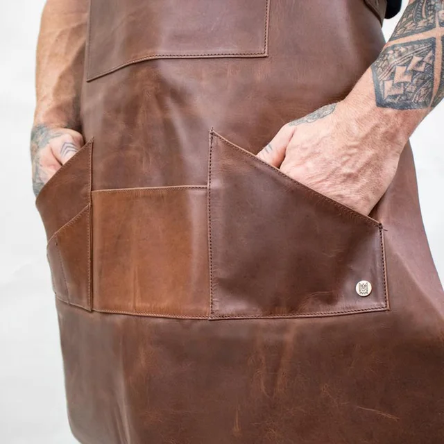 Brown Black Microfiber Pu Leather Apron Work Shop Aprons With Pockets Working Uniform For Barista Bar Artisan Gardener Cooking 2