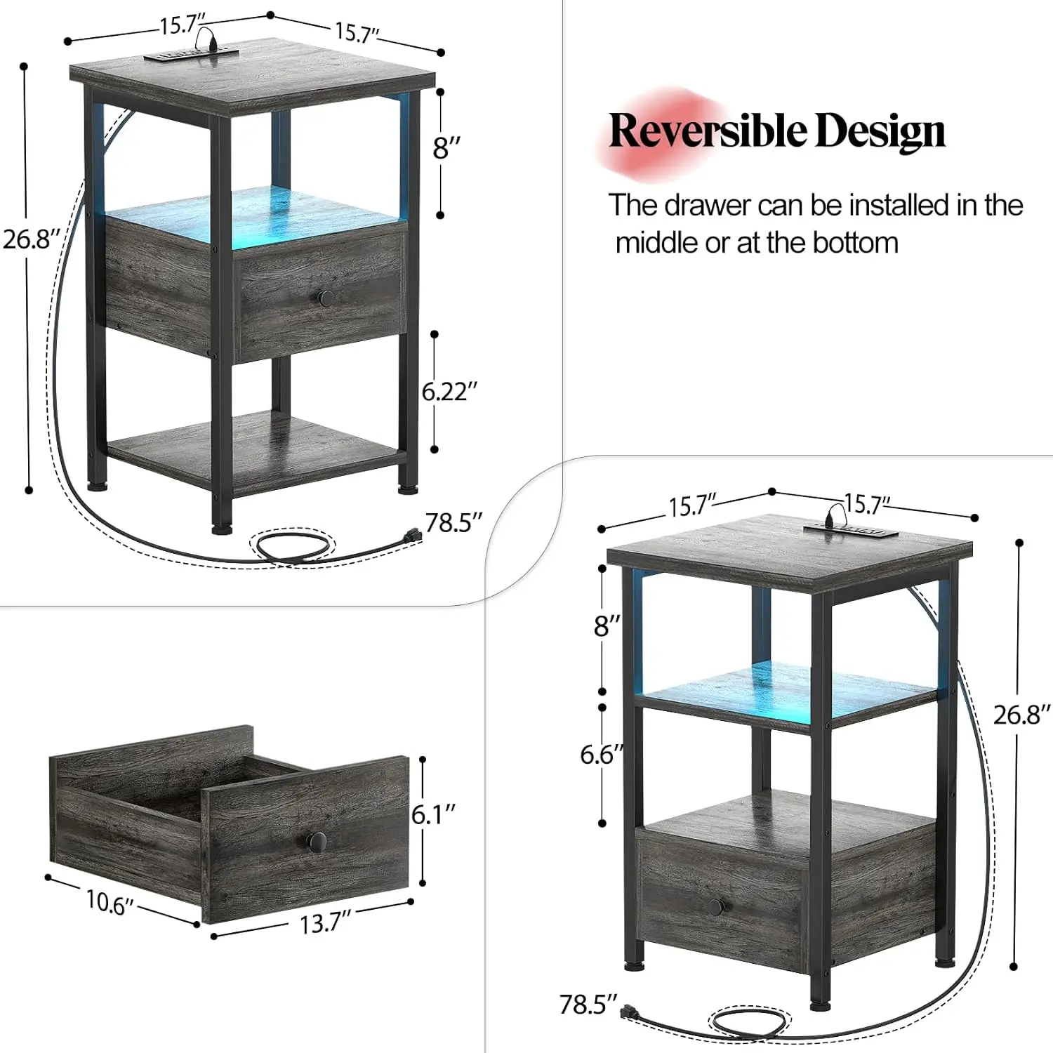 Nightstands Set of 2, 3-Tier Nightstand with LED Lights, 26.8'' Charging Station and USB Ports, Adjustable Wood Drawers, End Tab