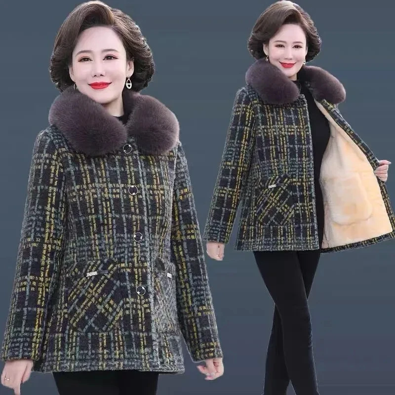

Mom Leisure Mink Velvet Wool Jacket Women Short Overcoat Plus Velvet Warm Parker Coat 2023 New Autumn Winter Plaid Coats Outwear