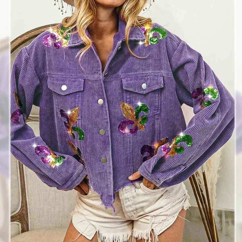 

Floral Corduroy Coat Women Mardi Gras Spring Autumn Ropa Cardigan Sequin Punk Gothic Bomber Jacket Windbreaker Y2k Jackets