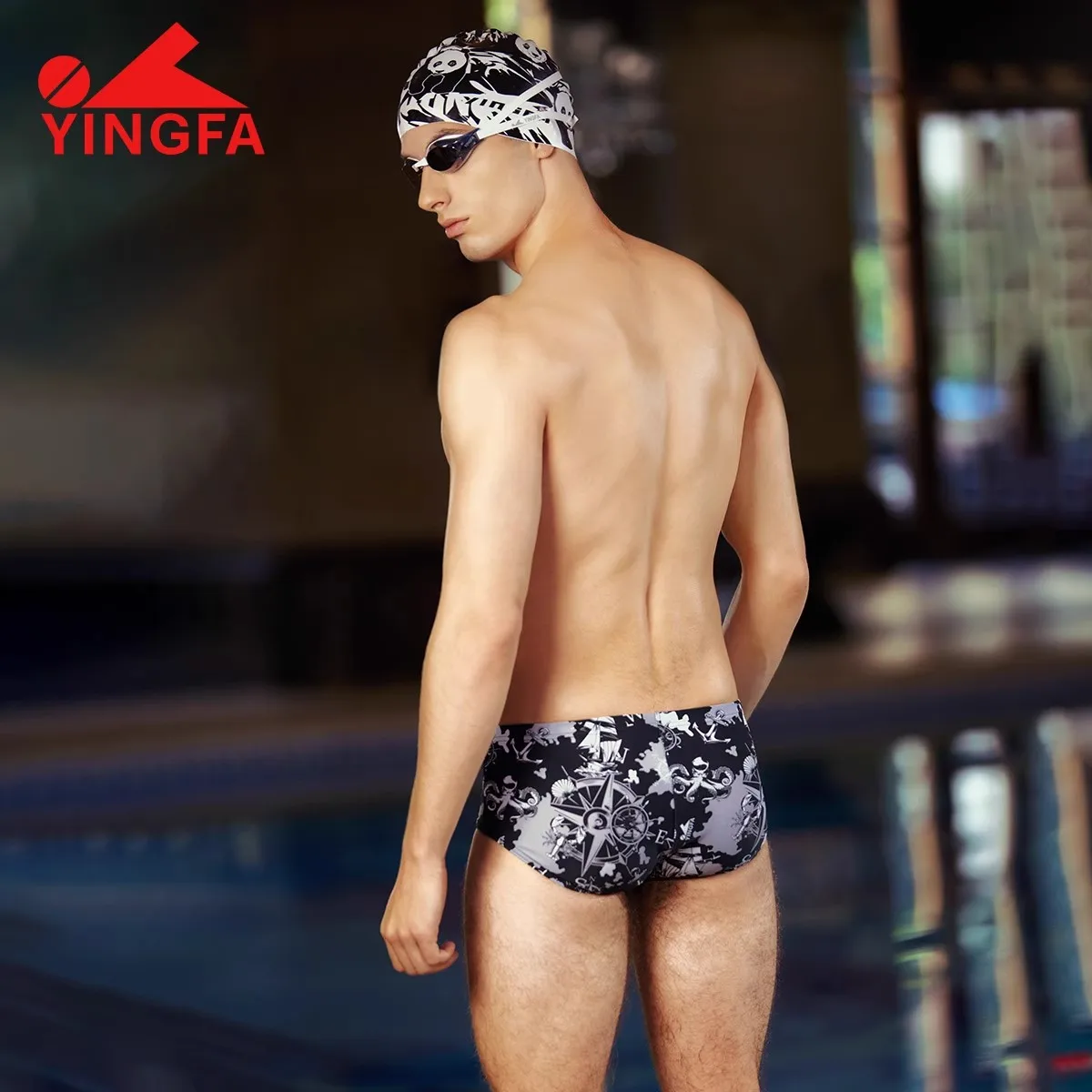 Men Swimming Trunks YINGFA Men Training Swimming Briefs Tight Professional Competition Swim Shorts Cartoon Printed Quick-drying Breathable Beach