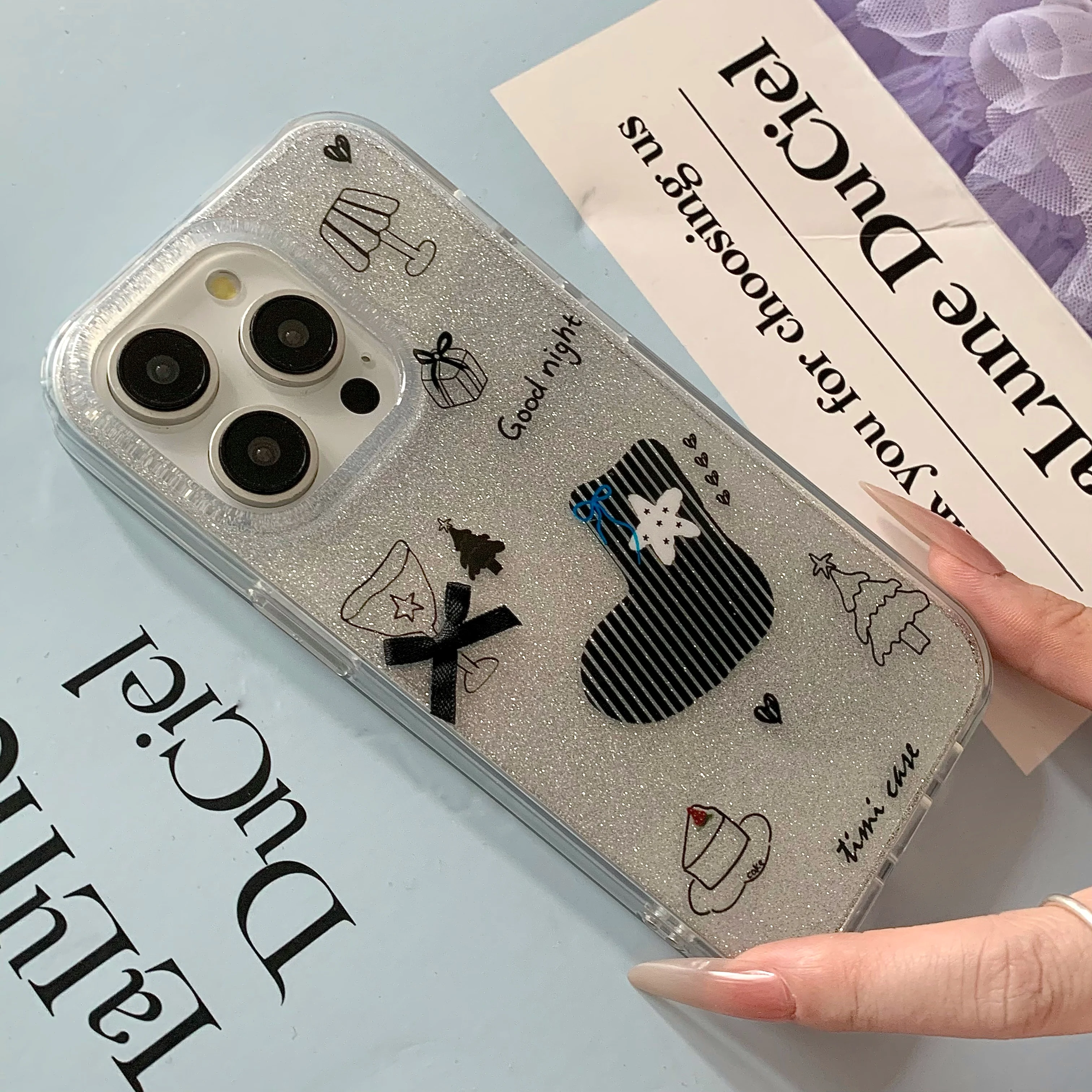 Christmas Tree Black Star Socks Glitter Powder Phone Case for iPhone 16 15 14 13 Pro Max Back Cover Funda