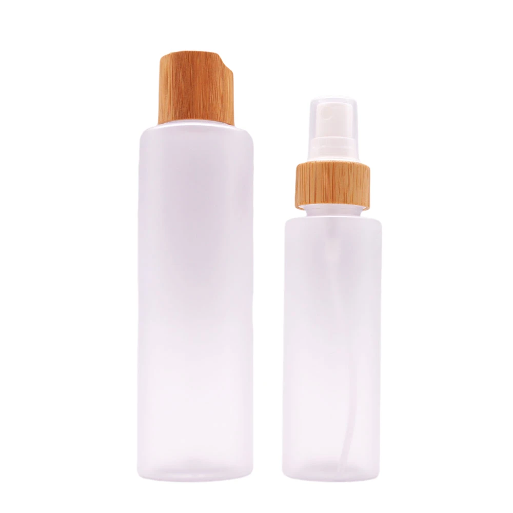 

100ml -500ml Clear Frosted Flat Shoulder Plastic PET Shampoo Cosmetic Toner Lotion Pump Spray Bottle with Bamboo Lid Top Cap