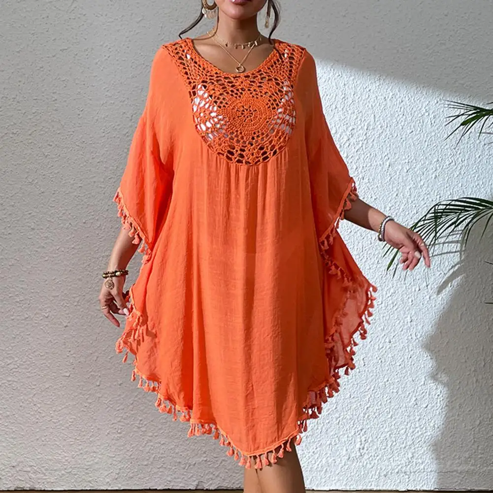 Women Beach Bikini Cover Up O-Neck Half Sleeve Fringed Hollow Loose Fit Swimsuit Dress Solid Color Loose Fit Cover Up Dress