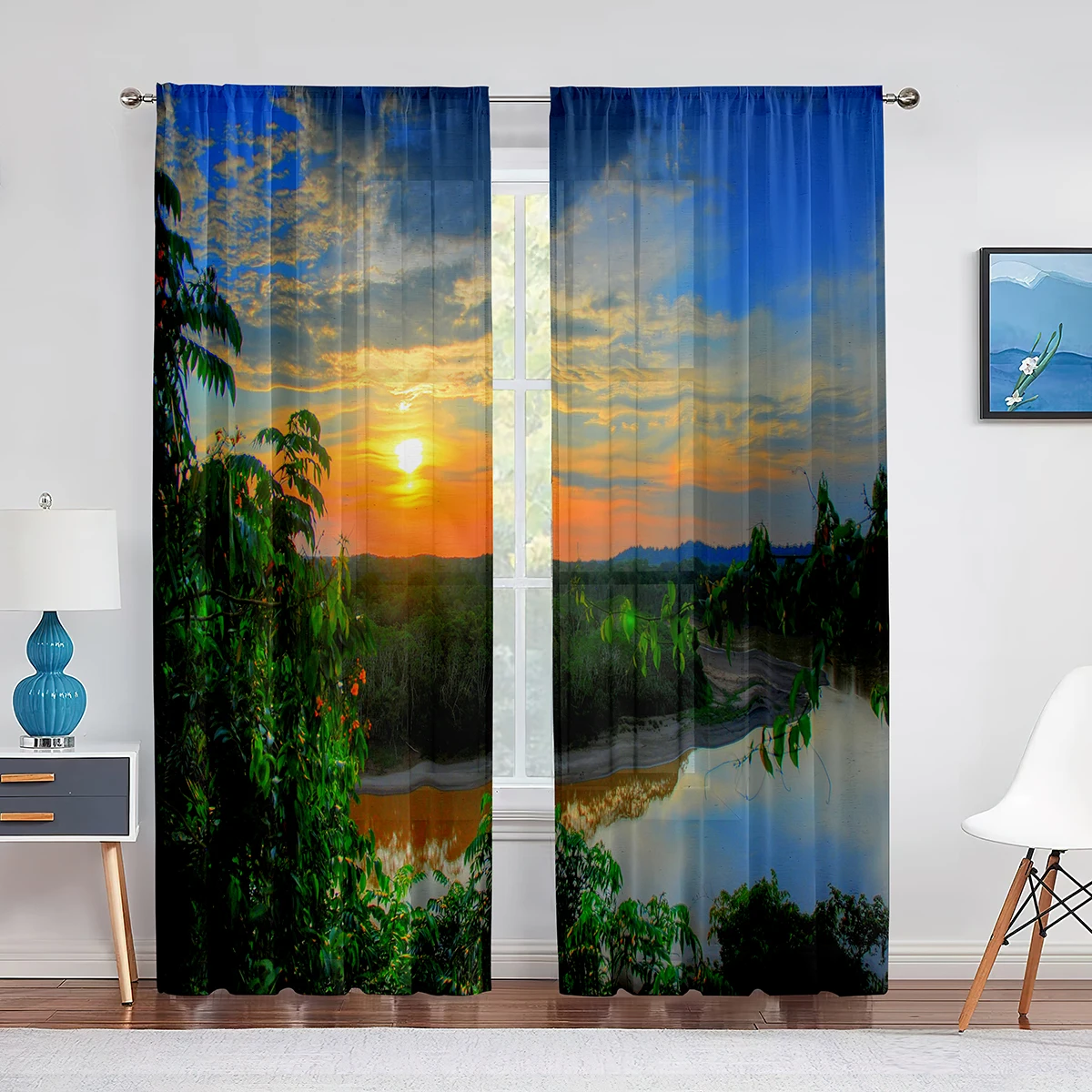

Tropical Rainforest River Sunrise Sheer Curtain for Living Room Transparent Tulle Curtains Window for Bedroom Accessories Decor