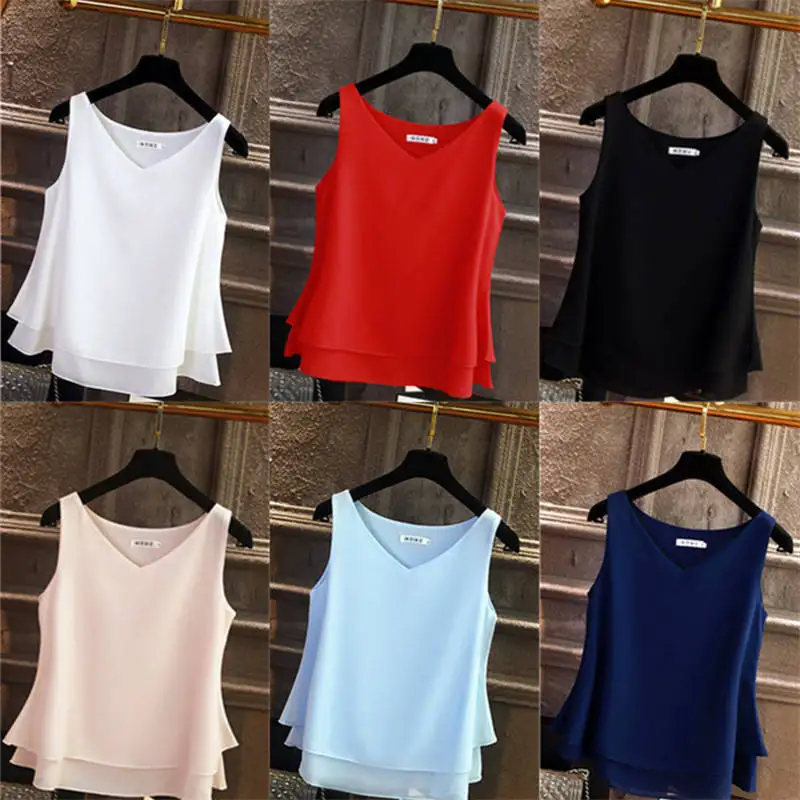 2024 Fashion Brand Women's Blouse Tops Summer Sleeveless Chiffon Shirt Solid V-neck Casual Blouse Plus Size 5XL Loose Female Top images - 6