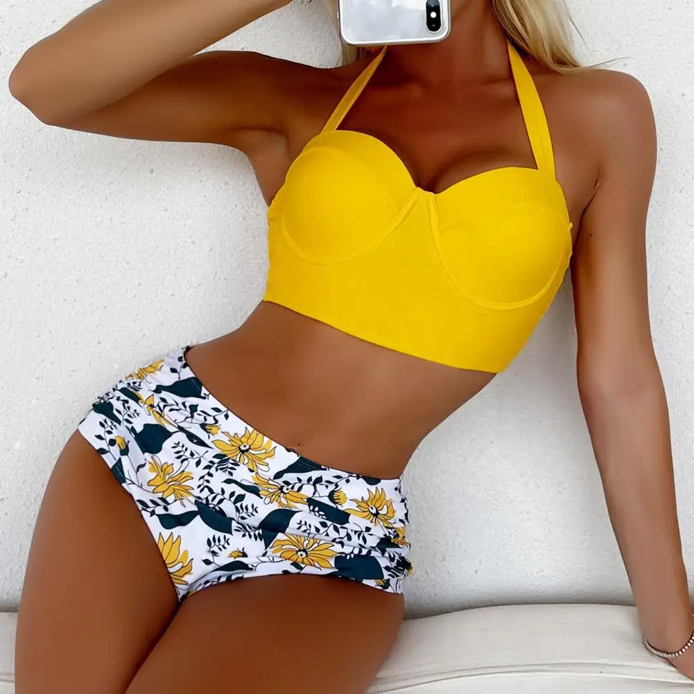 

Colorful 2 Pcs/Set Trendy Breathable Women Swimwear Beachwear Summer Bikini High Waist for Vacation