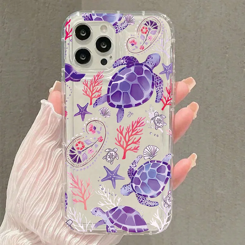 Chic Transparent Phone Case with Turtle Coral Seashell Design