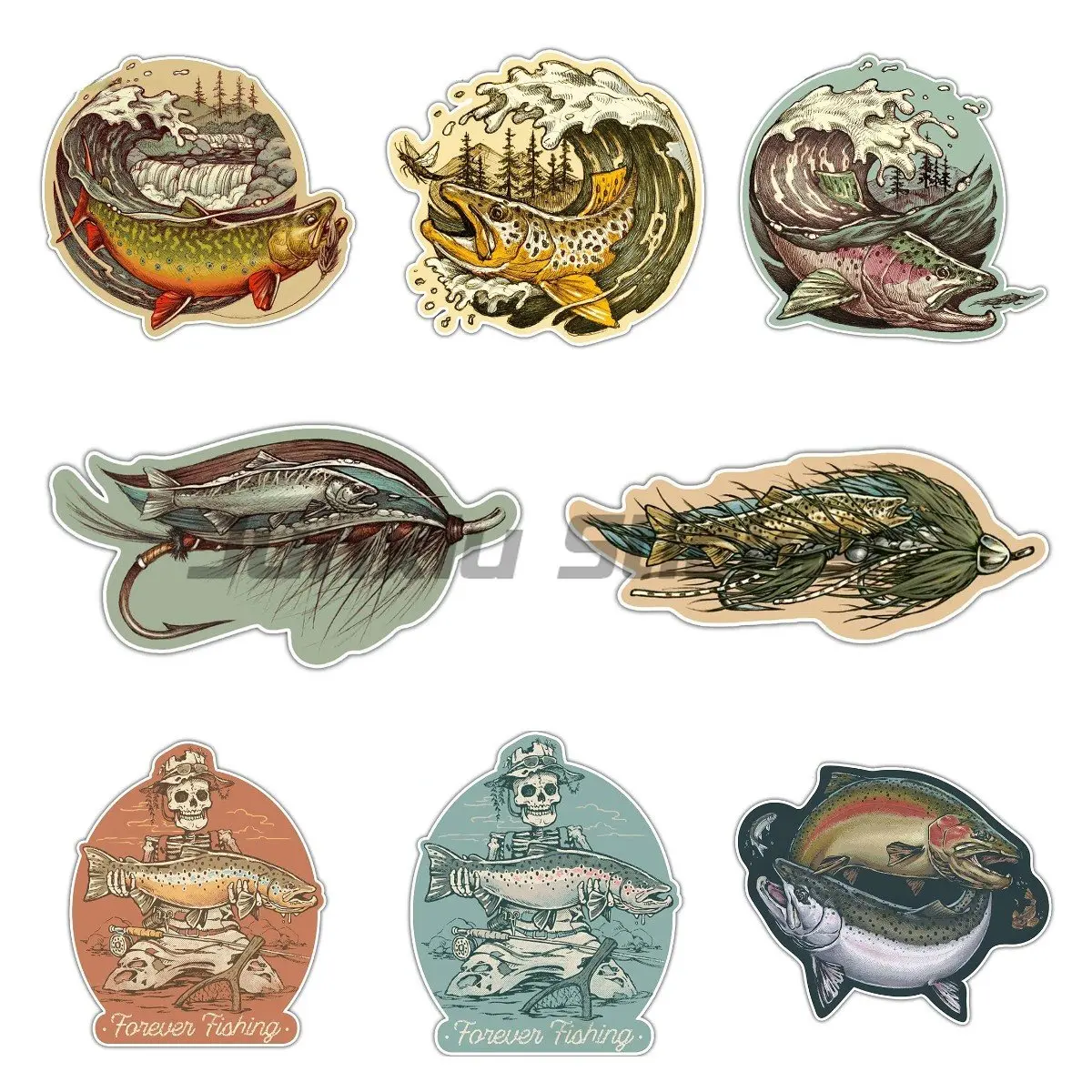 Skull Brown Trout Wave Decal Fishing Retro Art Creative Car Styling Kayak Car Bumper Decals Trout Fishing Car Stickers