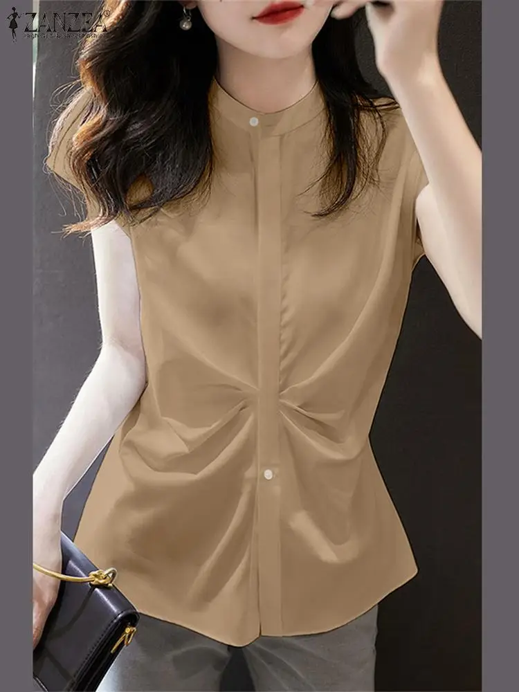 

ZANZEA Office Lady Solid Shirts Korean Fashion Elegant Blouses Ruched Casual Blusas Summer 2023 Short Sleeve Women Tunic Tops