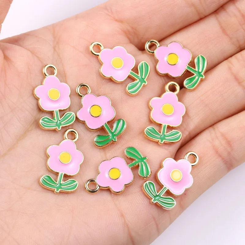 10Pcs 11*19mm Enamel Flower Charms Cute Rose Pendant for Necklace