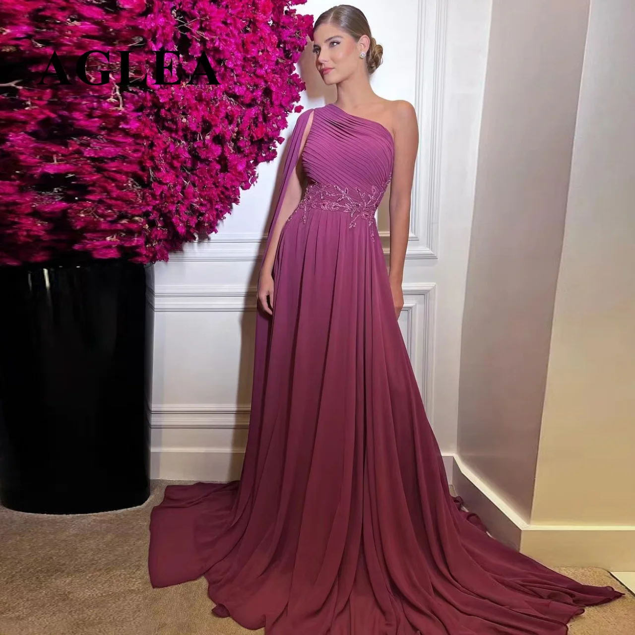

AGLEA2023 One Shoulder Prom Dresses with Flutter Sleeves Beaded Sash Evening Dress Ruched A Line Long Elegant Party Formal Gowns