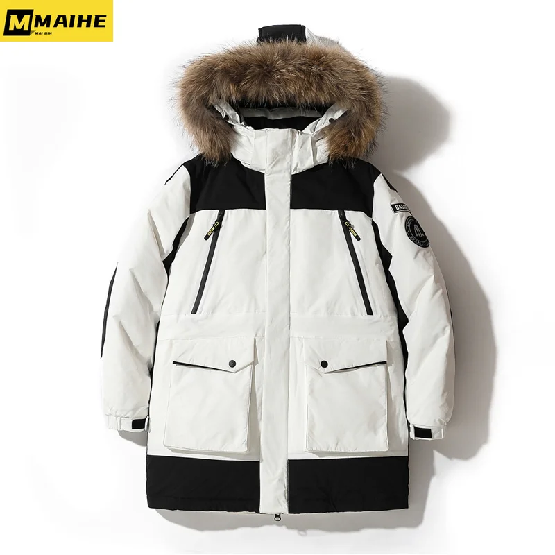 2023 winter fur collar hooded long down jacket men Korean version of fashion white duck down warm coat couple mountain ski wear