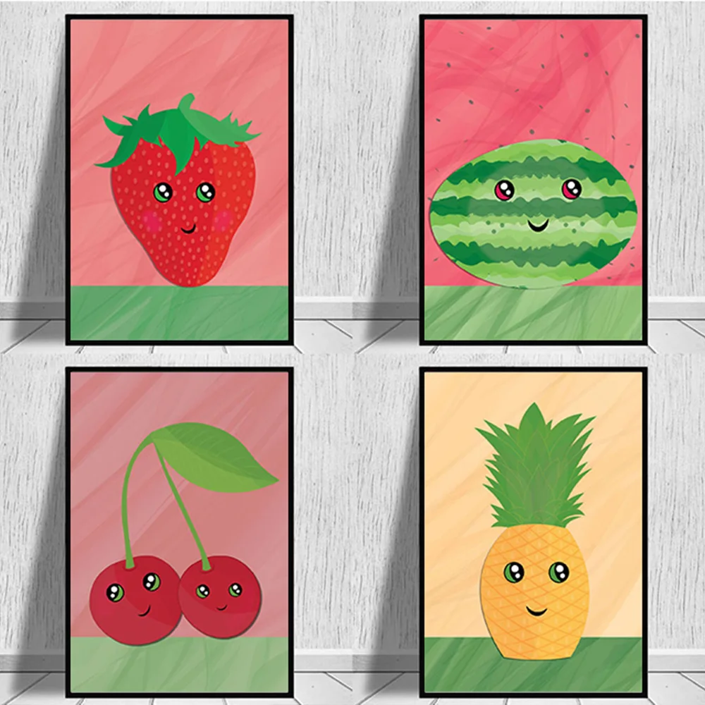 

Cartoon Fruit Strawberry Cherry Pineapple Prints Posters Canvas Painting Modern Wall Art Pictures Living Room Bedroom Home Decor