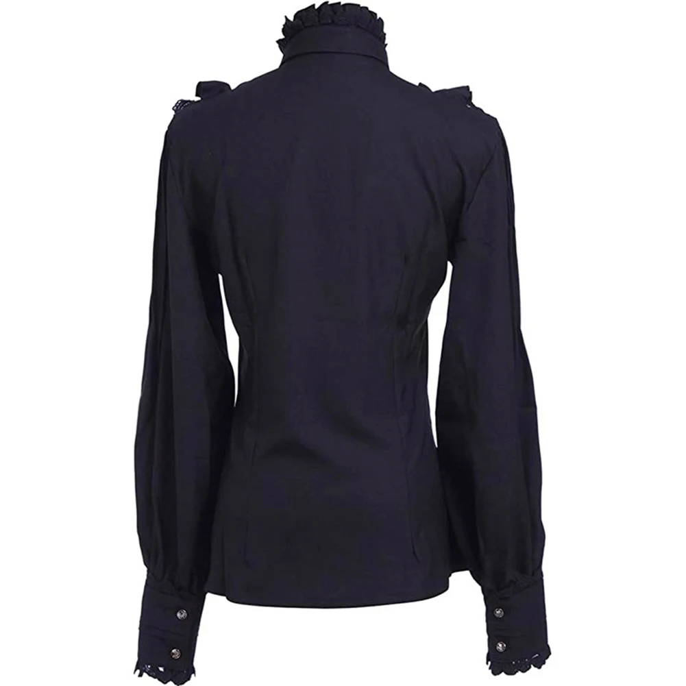 New Vintage Victorian Ruched Lace Shirts And Blouses Gothic Lolita Long-Sleeve Ruffles Solid Black White Tops Shirt For Women