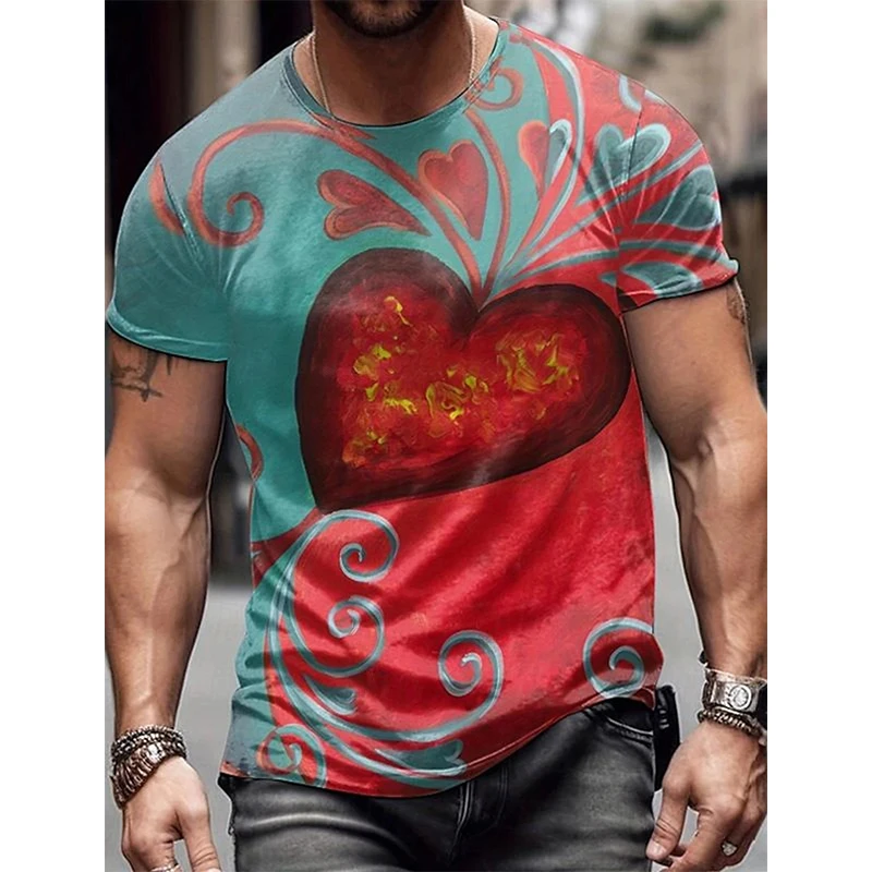 

Повседневные мужские футболки с принтом сердечек, праздничная женская футболка, топы y2k с коротким рукавом и круглым вырезом, одежда для весны и лета, 4XL