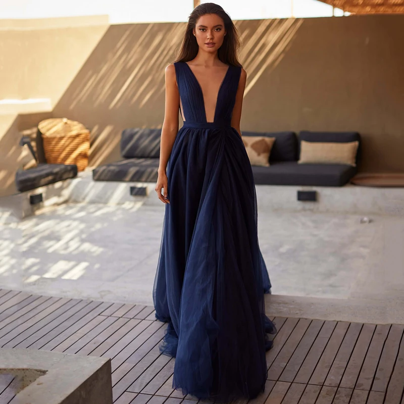 

2023 Simple V-Neck Bow Pleats Backless Tulle Floor-Length A-Line Prom Gown Evening Dress Vestidos De Noche