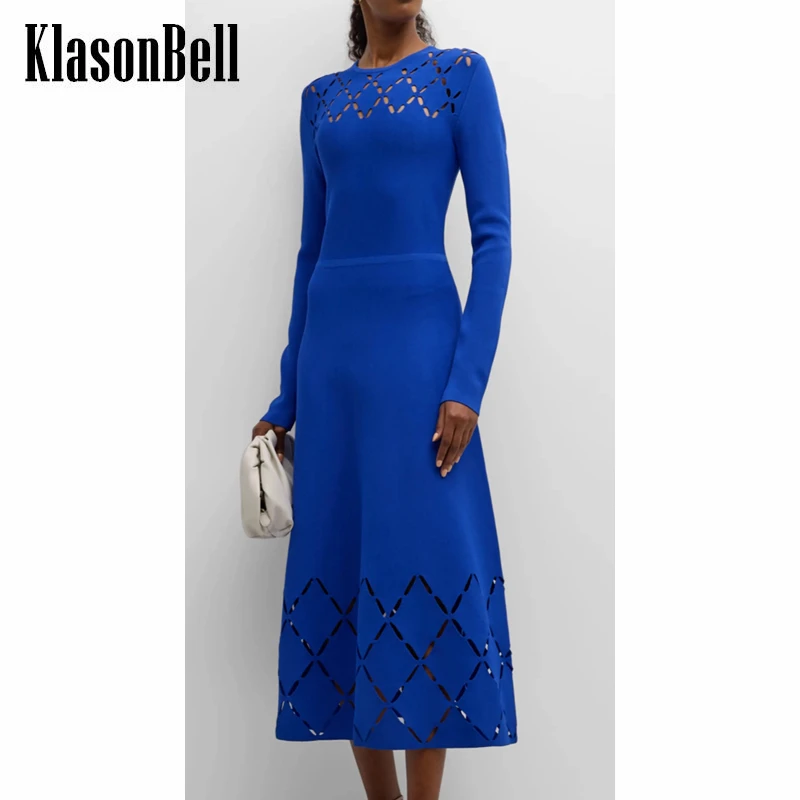

9.15 KlasonBell Temperament Argyle Hollow Out Collect Waist Knitted Midi Dress Women