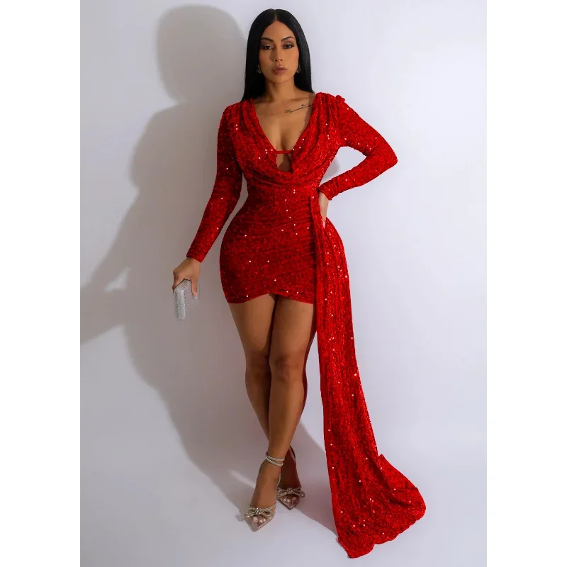 

WUHE Ruched V-neck Sparkly Sequin Party Night Club Dress Women Elegant Long Sleeve Evening Bodycon Special Occasion Sexy Dress