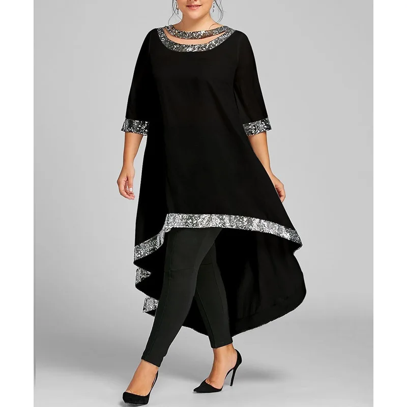 Spring Summer Solid Color Irregular Skirt Office Lady Round Neck Patchwork Bright Silk Half Sleeve Plus Size Dress for Women