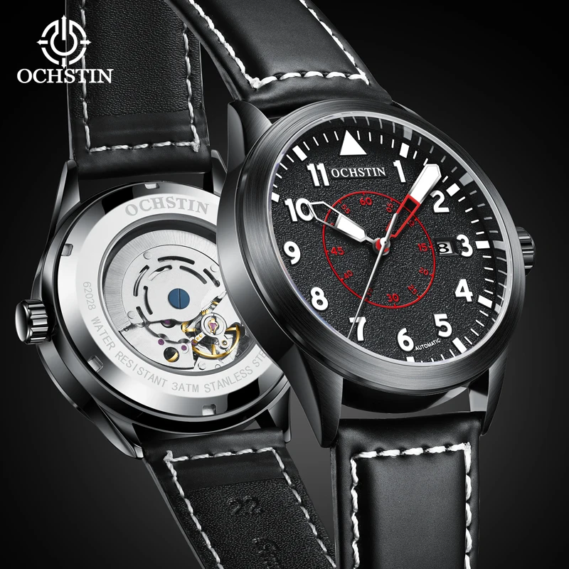 Gift New Fashion Men Sports Mechanical Watches Male Luxury Leather Strap Yellow Dial Automatic Military Wristwatch OCHSTIN