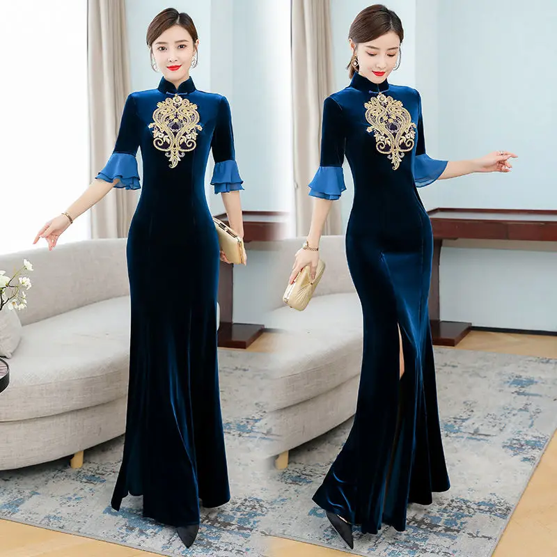 

2024 autumn new daily retro chinese style improved embroidered qipao skirt long elegant party show fishtail cheongsam dress