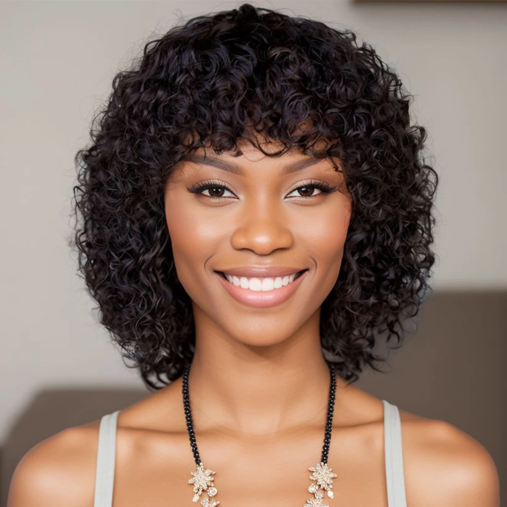 Kinky Curly Wig with Bangs 180% Density Full Machine Made Water Wave Curly Glueless Short Bob Wigs Brazilian Human Hair