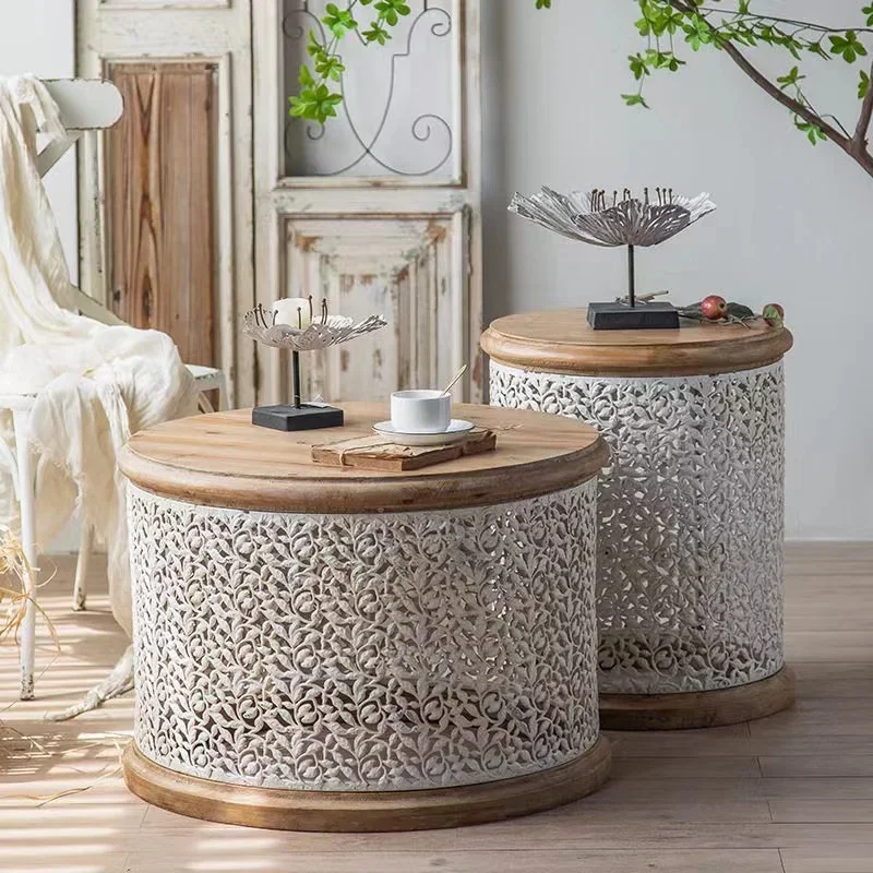 Living room American-style white carved hollow-out small coffee table pine wood round table with iron base sofa
